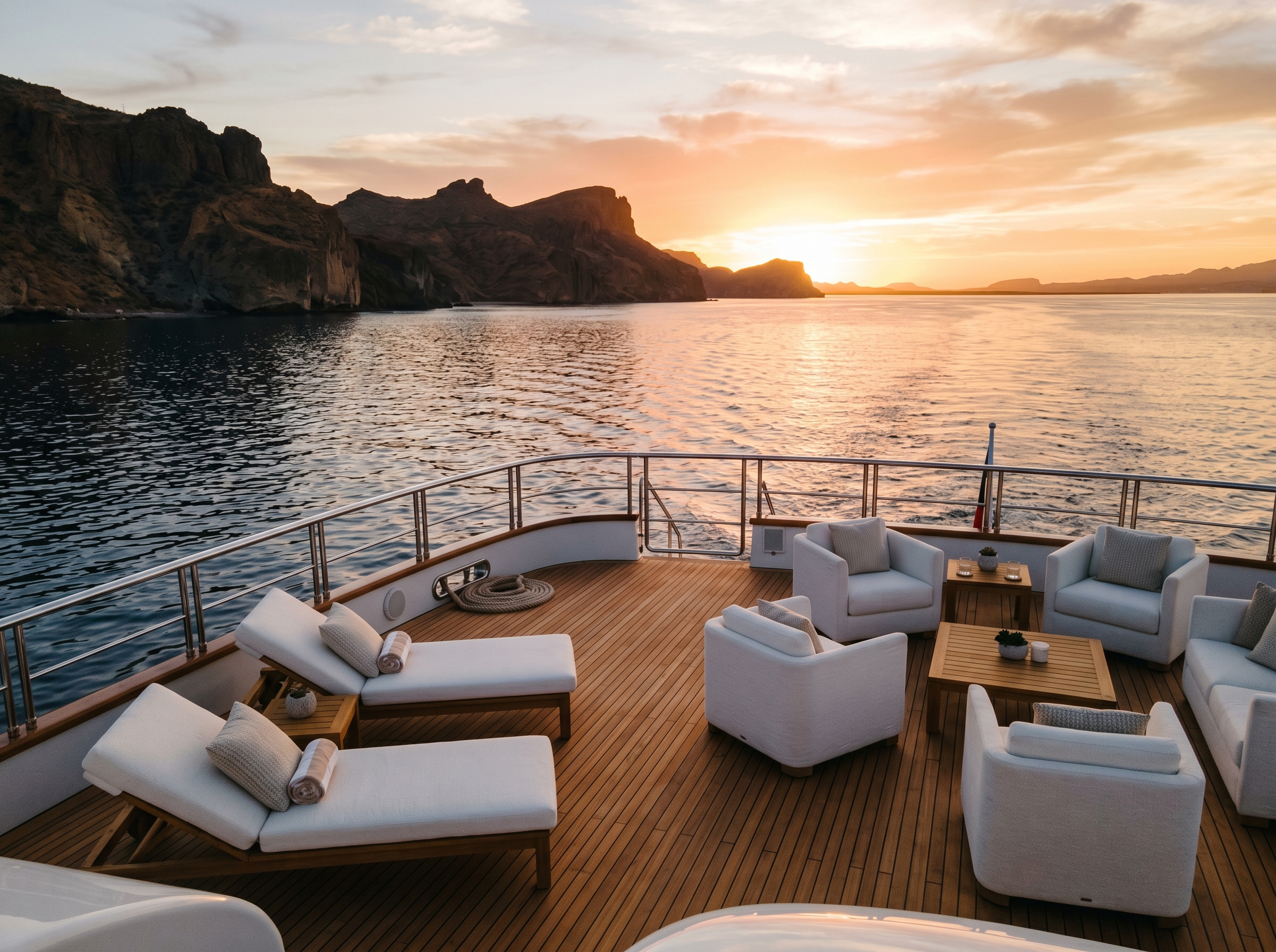 Luxury yacht deck at sunset on the Sea of Cortez