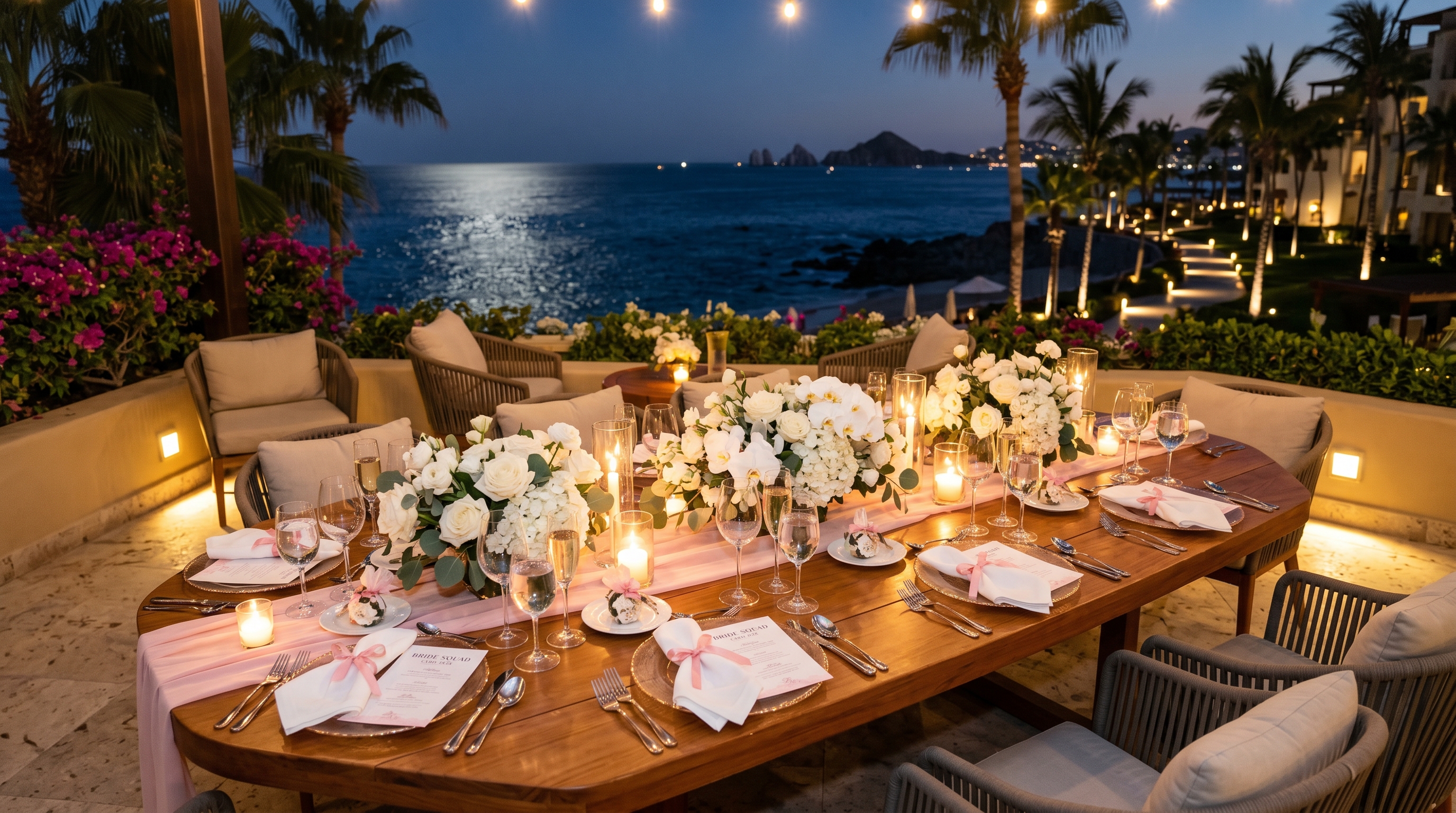 Elegant bachelorette dinner table set with candles and floral decorations at an oceanfront restaurant in Cabo San Lucas