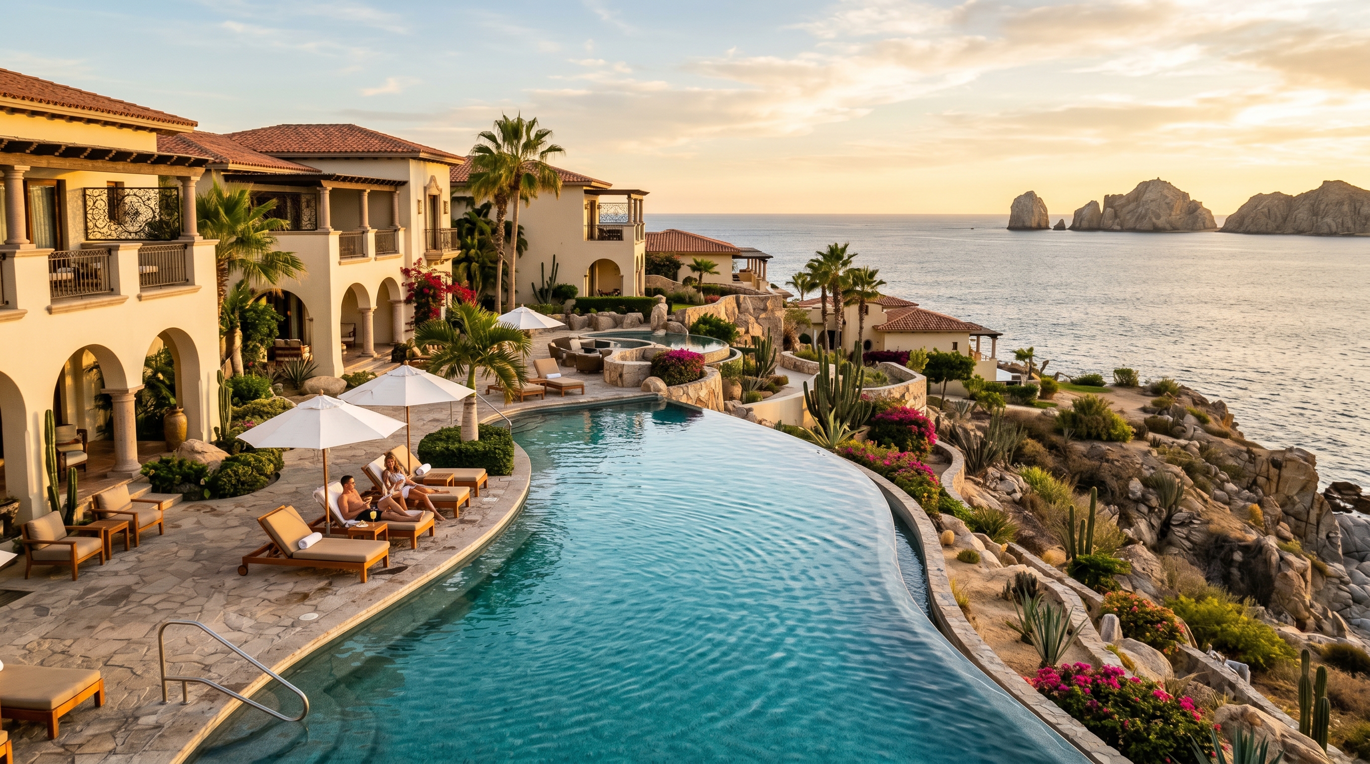 Montage Los Cabos pool terrace with Arch of Cabo San Lucas visible in distance