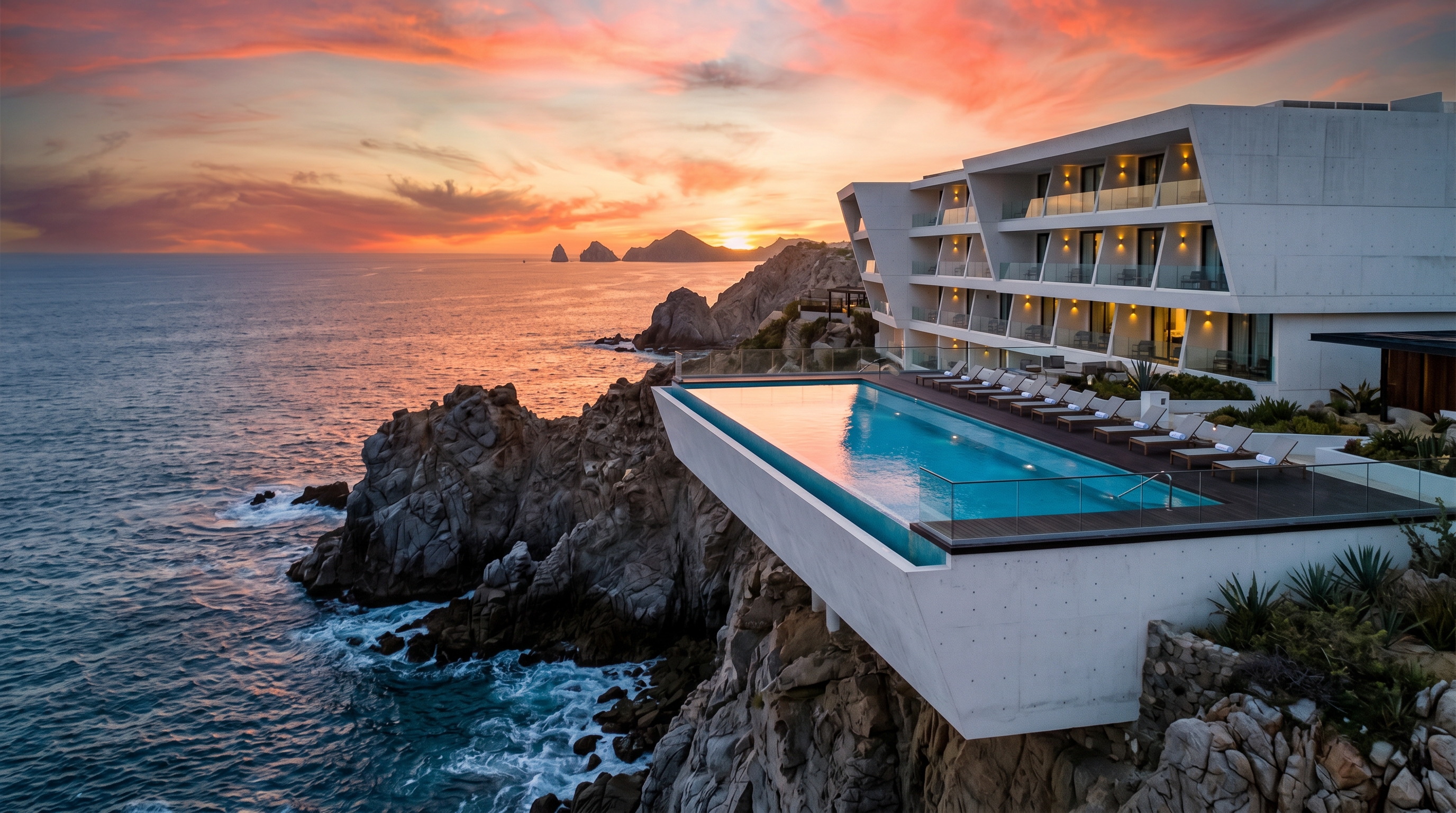 The Cape Thompson Hotel Cabo San Lucas — rooftop infinity pool at sunset