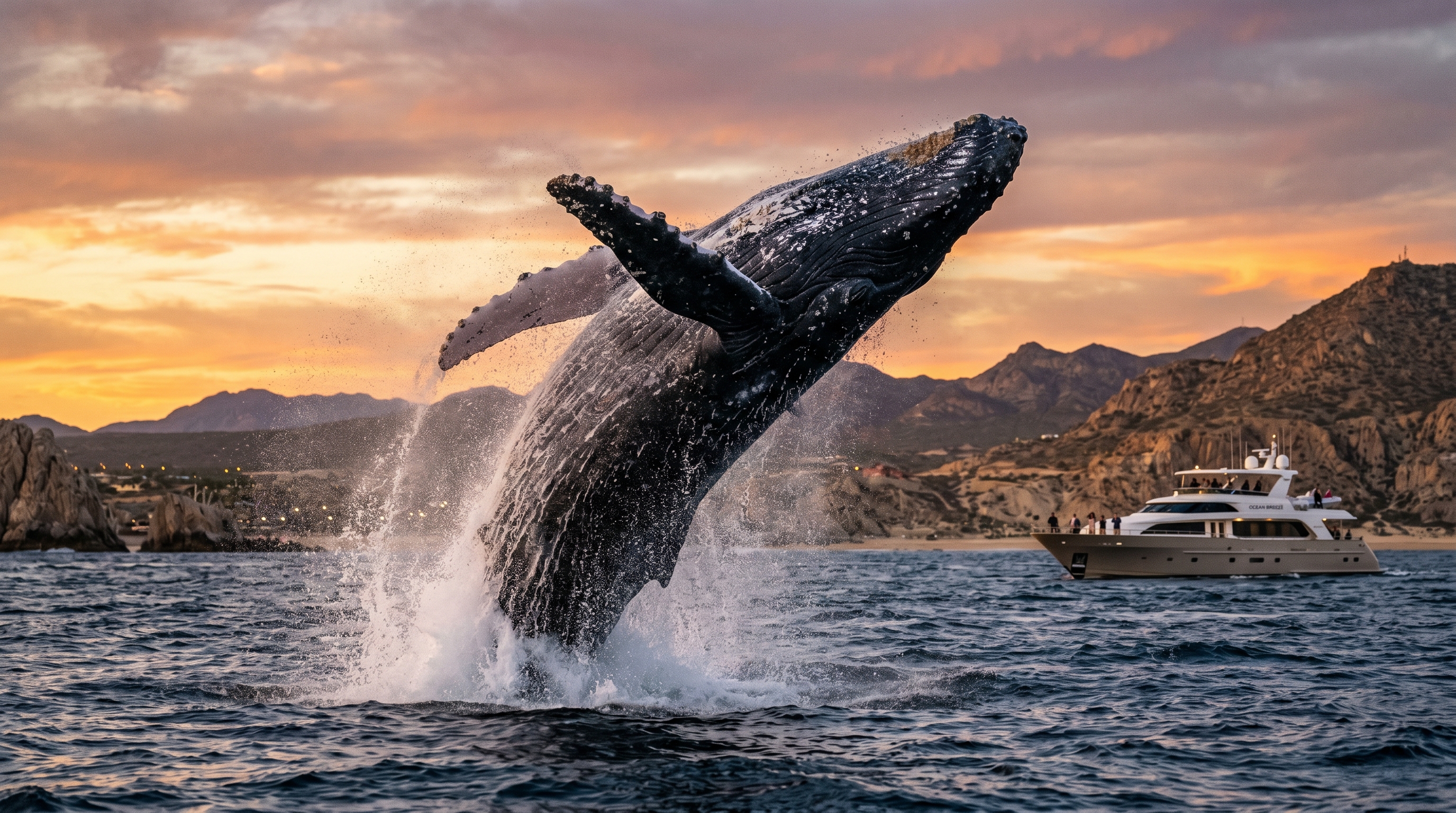 Humpback whale breaching in the Sea of Cortez near Los Cabos during whale watching season