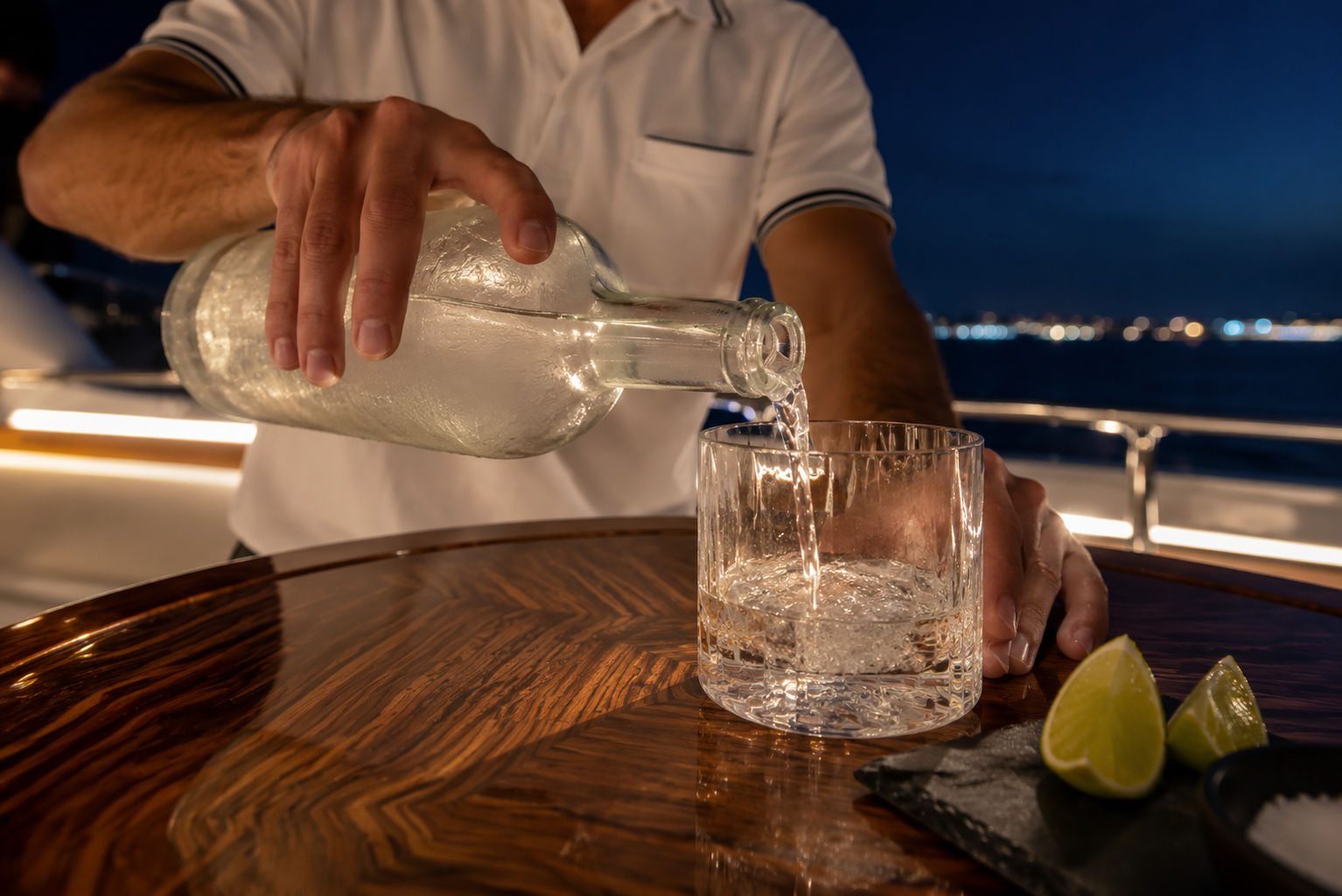 Artisan mezcal pour on private yacht deck Cabo San Lucas at night